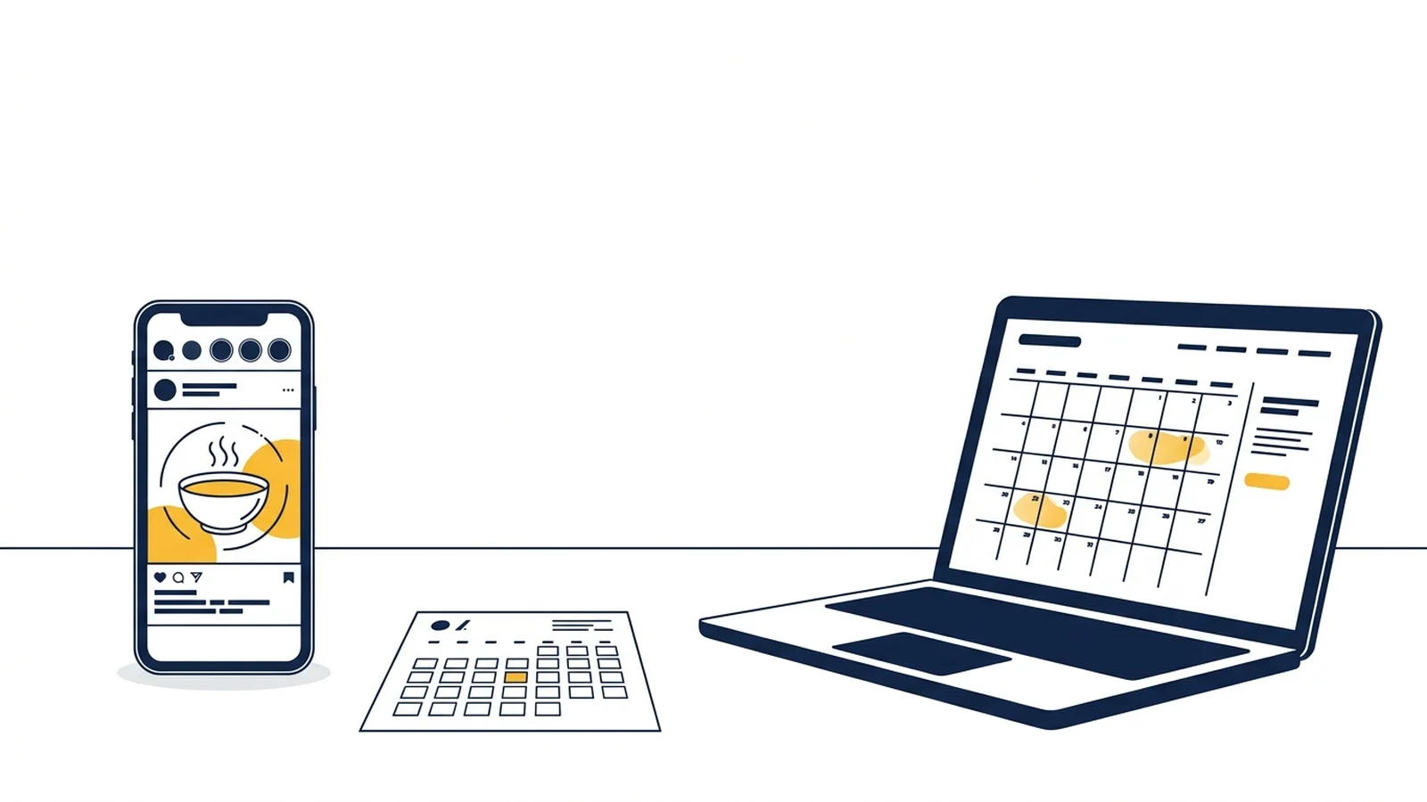 A phone with a lunch post, a booking card and a simple landing page